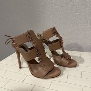 RUTHIE DAVIS Tan Leather Fringe Trim Accent Beige Tie Sandal Size 7.5 EUR 38 NEW